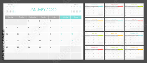 2020 calendar planner design template vector week start Monday.