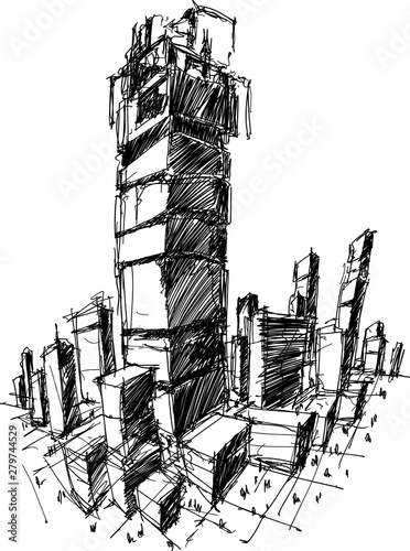 hand drawn architectural sketch of a modern city with high buildings and people in the streets