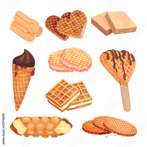 Set of waffle sweets. Vector illustration on white background.