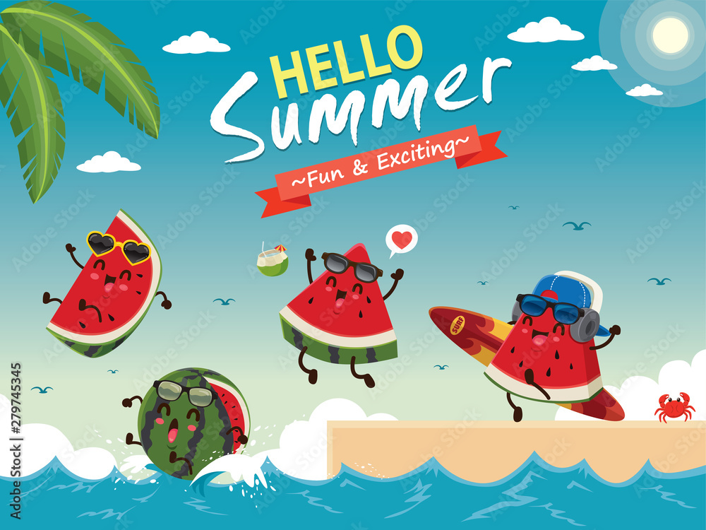 Vintage summer poster design with vector watermelon & surfboard characters. - obrazy, fototapety, plakaty 