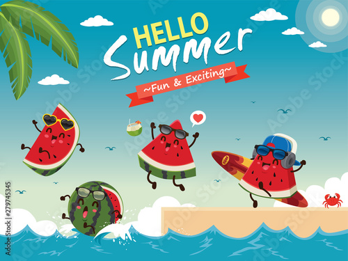 Vintage summer poster design with vector watermelon & surfboard characters.