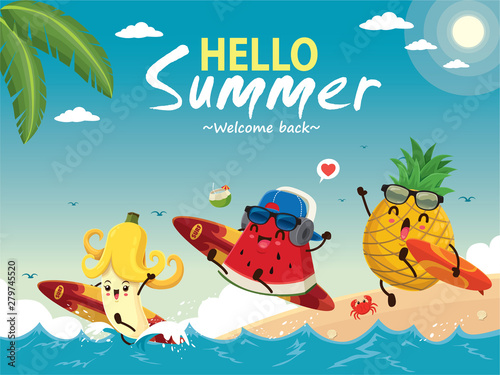 Vintage summer poster design with vector watermelon, banana, pineapple & surfboard characters.
