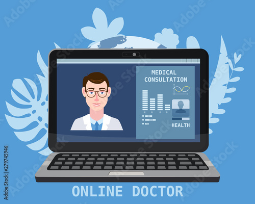 Online doctor men healthcare concept icon set. Doctor videocalling on a laptop