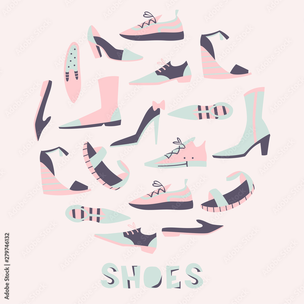 Shoes Drawn Vector Symbols. Hand Drawn Vector Illustration on White Background.