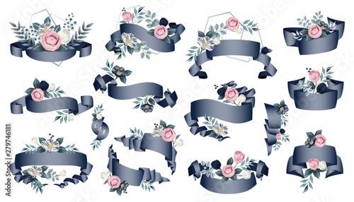 Vector illustration set of hand drawn floral ribbons for wedding, anniversary, birthday and party. Design for banner, poster, card, invitation, brochure and scrapbook