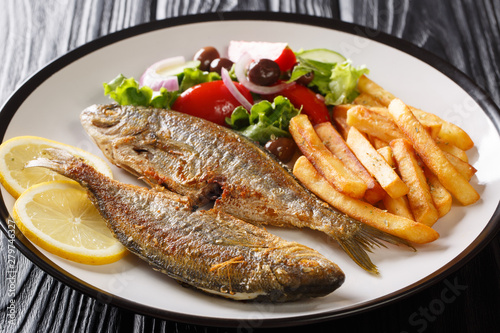 Mediterranean cuisine Fried Sarpa fish with fresh vegetable salad, lemon and french fries close-up on a plate. horizontal