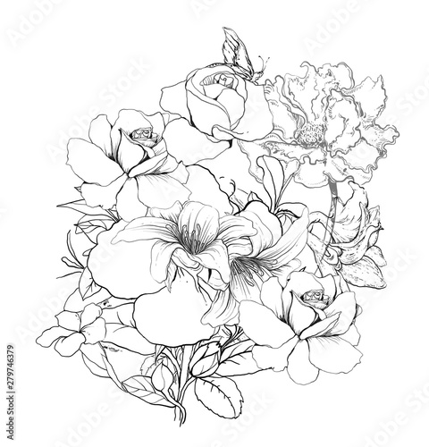 draw the line Black and white of leaves and flower, on white background