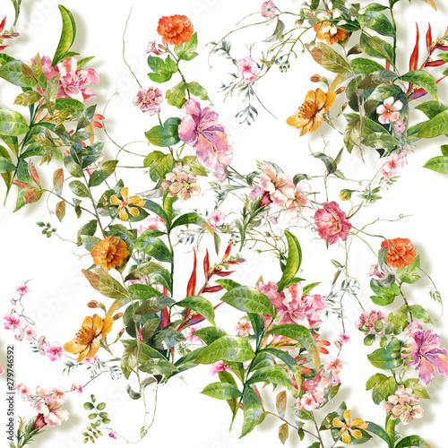 Watercolor painting of leaf and flowers, seamless pattern on white background