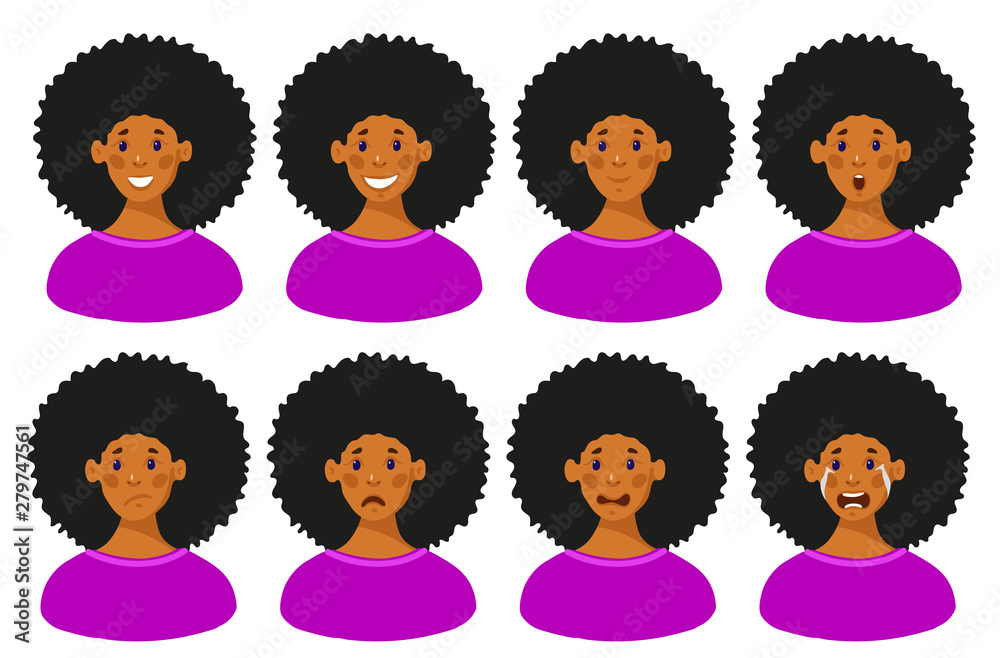Set of 8 female emotions. African American teen face expression. Emotional intelligence. Head of a young girl with different emotions on her face. Avatar girl. Flat design vector illustration. Set of 8 female emotions. African American teen face expression. Emotional intelligence. Head of a young girl with different emotions on her face. Avatar girl. Flat design vector illustration.