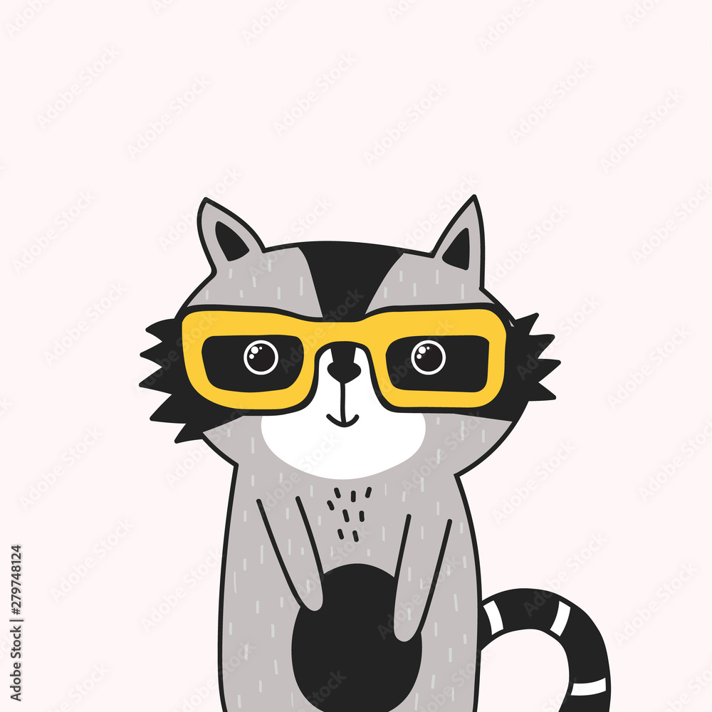 Hand drawn illustration, raccoon in glasses. Colorful background vector. Poster design with happy animal. Decorative cute backdrop, good for printing