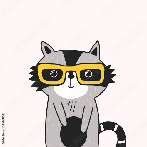 Hand drawn illustration  raccoon in glasses. Colorful background vector. Poster design with happy animal. Decorative cute backdrop  good for printing