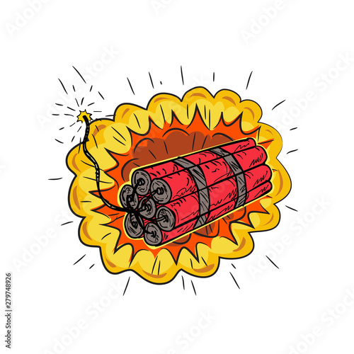 Drawing sketch style illustration of sticks of explosive TNT dynamite stick with lit or burning fuse and exploding on isolated white background.