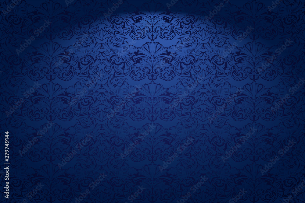 Royal, vintage, Gothic horizontal background in dark blue ultramarine with a classic Baroque pattern, Rococo.With dimming at the edges. Vector illustration EPS 10