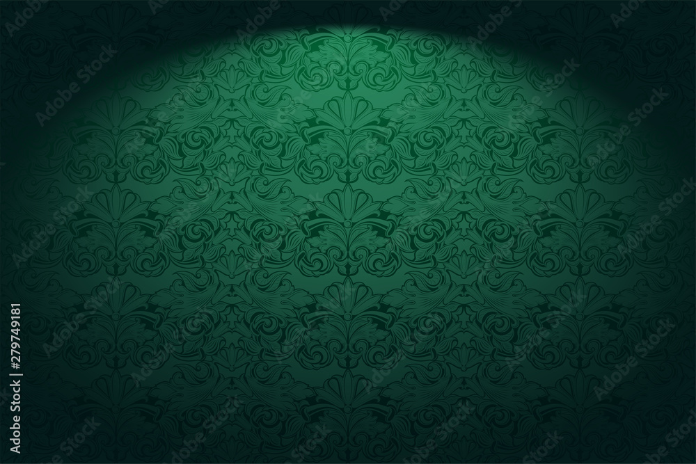 Royal, vintage, Gothic horizontal background in green with a classic Baroque pattern, Rococo.With dimming at the edges. Vector illustration EPS 10