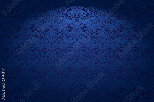 Królewskie, vintage, gotyckie poziome tło w ciemnoniebieskiej ultramarynie z klasycznym barokowym wzorem, rokoko. Ze ściemnianiem na krawędziach. Wektorowa ilustracja EPS 10
