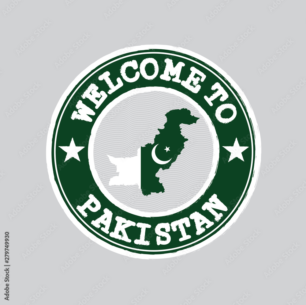 Vector Stamp of welcome to Pakistan with nation flag on map outline in the center. Vector Stamp of welcome to Pakistan with nation flag on map outline in the center.