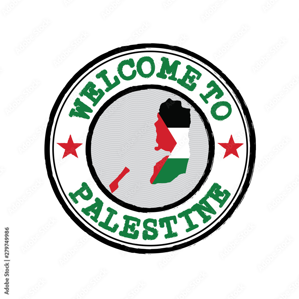 Vector Stamp of welcome to Palestine with nation flag on map outline in the center.