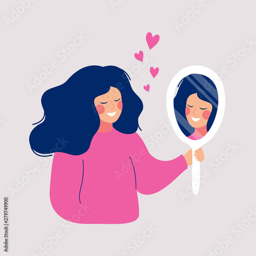 Hand drawn vector illustration of young woman looks on her reflection in mirror with love. Cartoon flat style