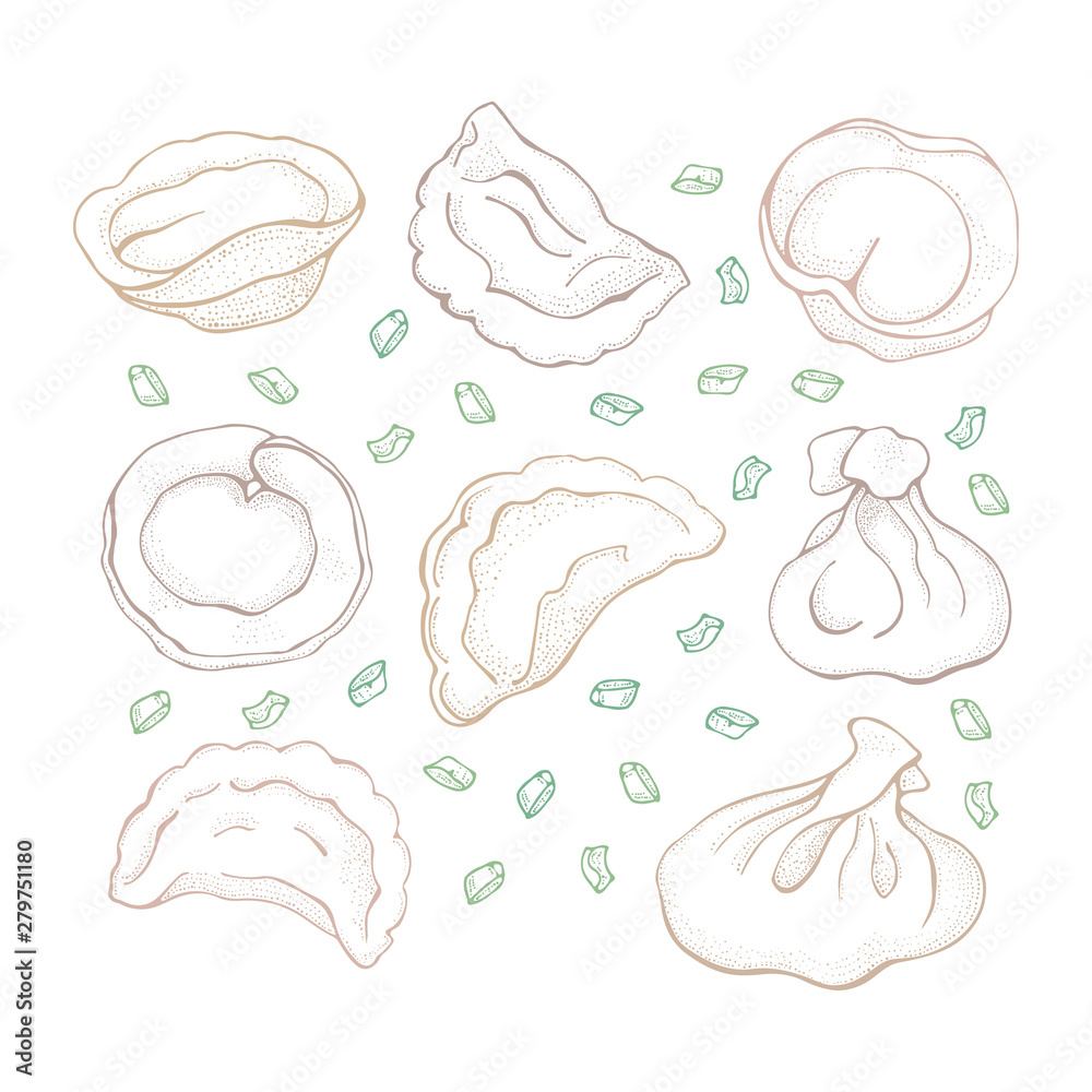 Vector set of dumplings with spice. Sketch hand drawn Ravioli. Vareniki. Pelmeni. Meat dumplings. Food. Cooking. National dishes. Products from the dough and meat.