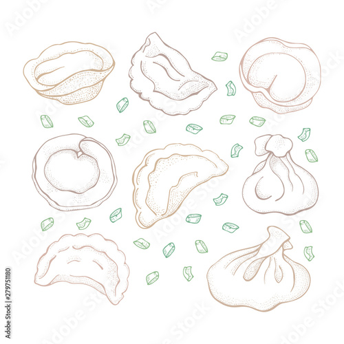 Vector set of dumplings with spice. Sketch hand drawn Ravioli. Vareniki. Pelmeni. Meat dumplings. Food. Cooking. National dishes. Products from the dough and meat.