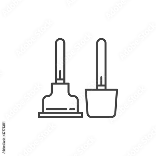 Toilet plunger and brush vector icon or symbol in thin line style
