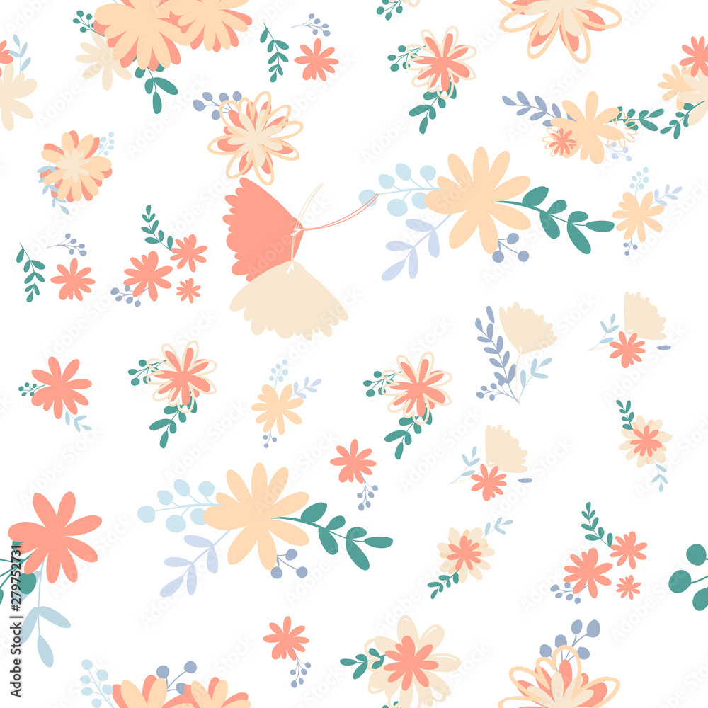 Fototapeta premium Beautiful pattern with simple foolproof flower botanical. Wild botanical garden bloom. Flower background. Spring floral surface pattern. Leaves illustration.