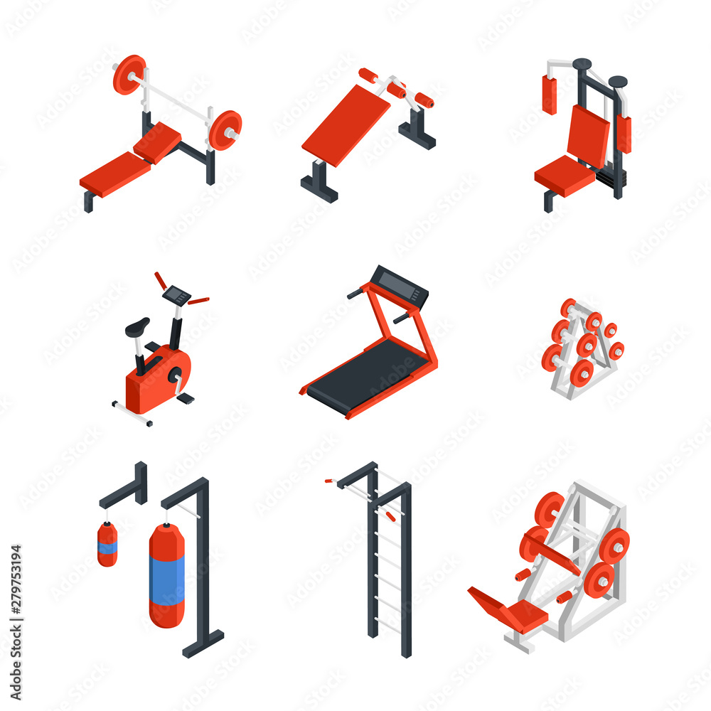 Gym equipment isometric illustrations set