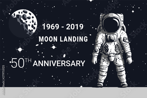 Astronaut moon landing 50th anniversary. Vector image