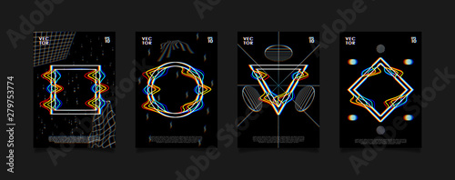 Set of posters for art exhibition or music event with glitched geometric shapes on black background. Design for cover, poster, flyer, card, invitation etc.