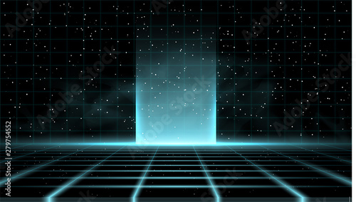 Synthwave vaporwave retrowave blue background with great glow in the middle, laser grid, starry sky and blue smoke. Design for poster, cover, wallpaper, web, banner, etc.
