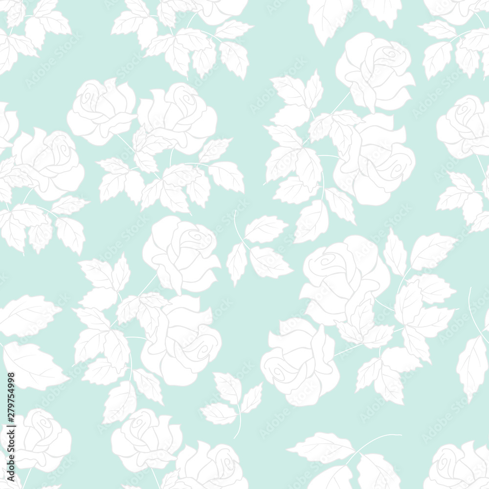White roses on a blue background,in a seamless pattern design