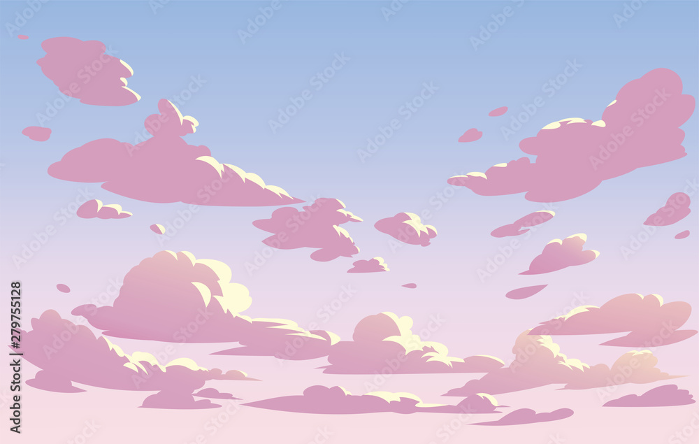 Vector landscape sky clouds. Plane in the sky. cartoon anime style. Background design