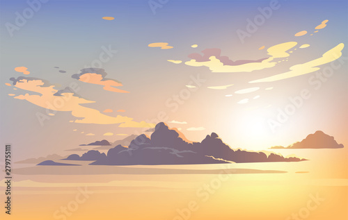 Vector landscape sky clouds. Plane in the sky. cartoon anime style. Background design