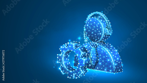 Support engineer, cogwheel with employee profile silhouette. User portrait, problem-solution engine concept. Abstract, digital, wireframe, low poly mesh, Raster blue neon 3d illustration. Line dot