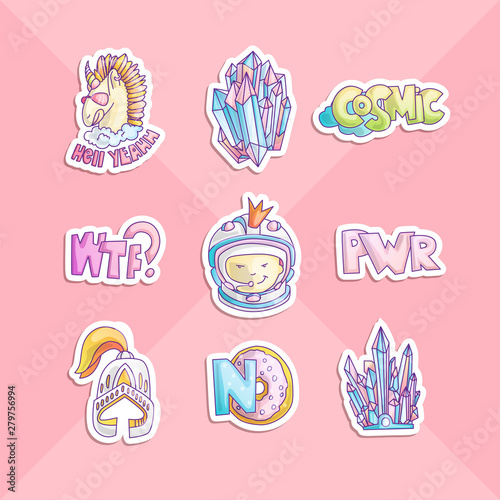 Cute cartoon girl power stickers. Astronaut girl, unicorn, donut, helmet and girl power lettering in sticker style. Princess stickers and icons, cute cartoon illustrations. Crystals and gems, cute
