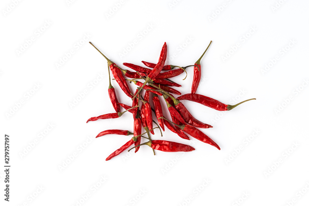 Fototapeta premium Hot chilli peppers on white background. Top view