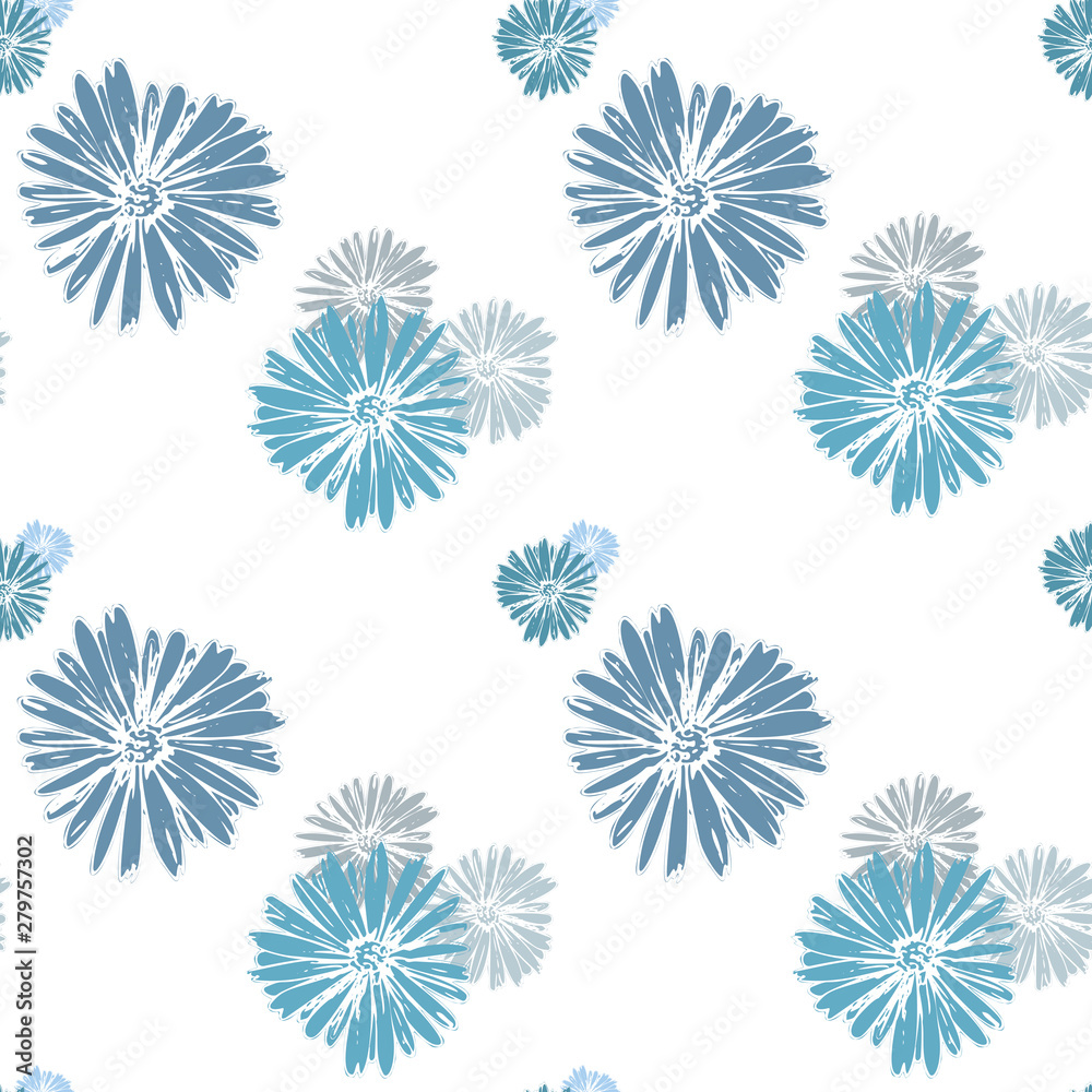 Blue chamomile meadow  wildflower Nature seamless pattern. Silhouette vector. Spring decoration.