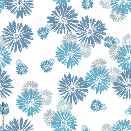 Blue chamomile meadow wildflower Nature seamless pattern. Silhouette vector. Spring decoration.