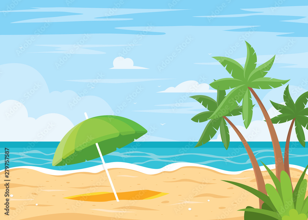Beach background with umbrella. Vector cartoon style background of sea shore. Good sunny day, Summertime on the beach. Palms and plants around