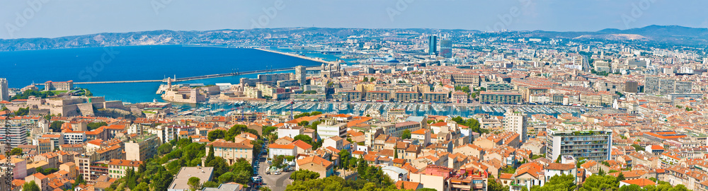 Panoramic view of the old Marseille harbor from the Basilica chu
