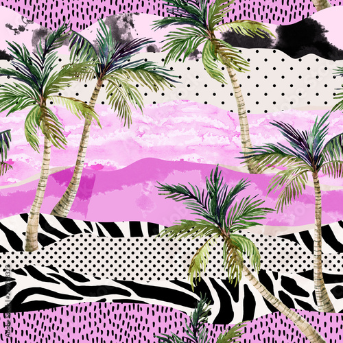 Abstract summer beach background. Art illustration with watercolor palm trees...
