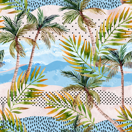 Abstract summer beach background. Art illustration with watercolor palm trees...