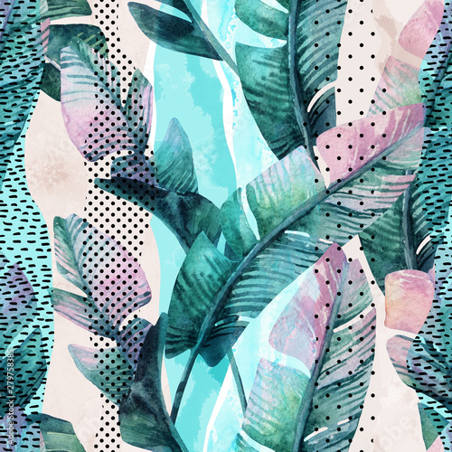 Watercolor seamless pattern of banana tropical leaves on vertical striped bac...