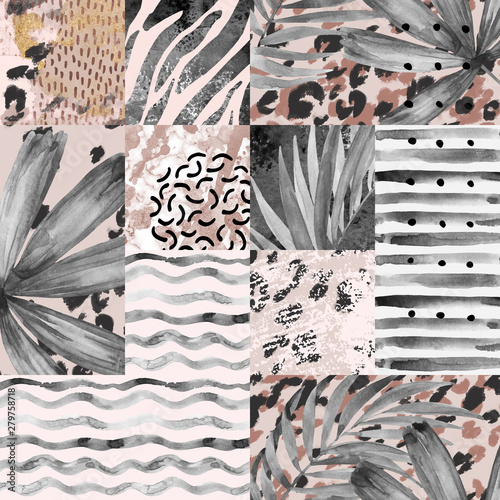 Ręcznie malowane liście palmowe w kolorze akwareli, paski, druk zwierząt, gryzmoły, grunge i tekstury geometryczne tekstury tła