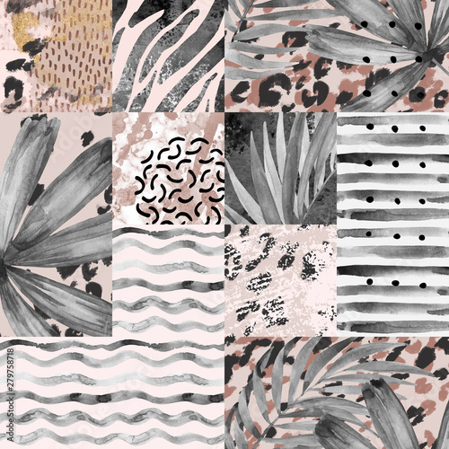 Hand painted water color palm leaves, stripes, animal print, doodles, grunge and watercolour textures geometric background