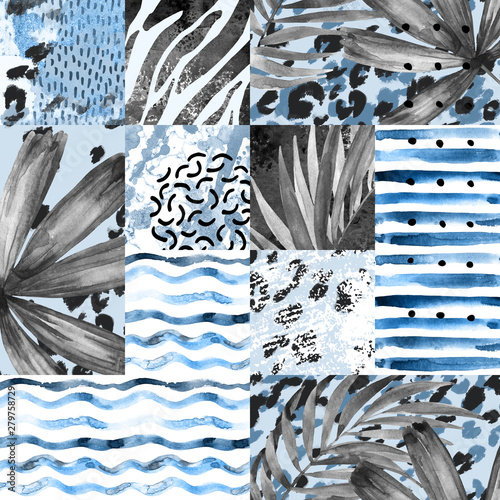 Hand painted water color palm leaves, stripes, animal print, doodles, grunge ...