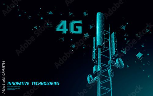 3d base station receiver. telecommunication tower 4g polygonal design global connection information transmitter. Mobile radio antenna cellular vector illustration