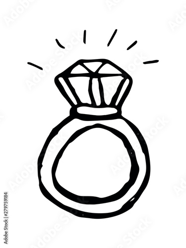 Diamond ring painted by hand. Black and white contour vector isolated illustration.