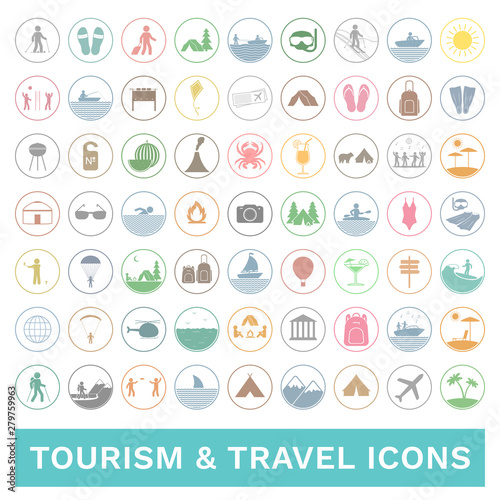 Set of colorful travel and tourism icons. Vector.