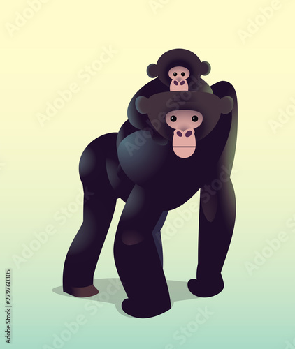 Baby bonobo on mom's back vector illustration
